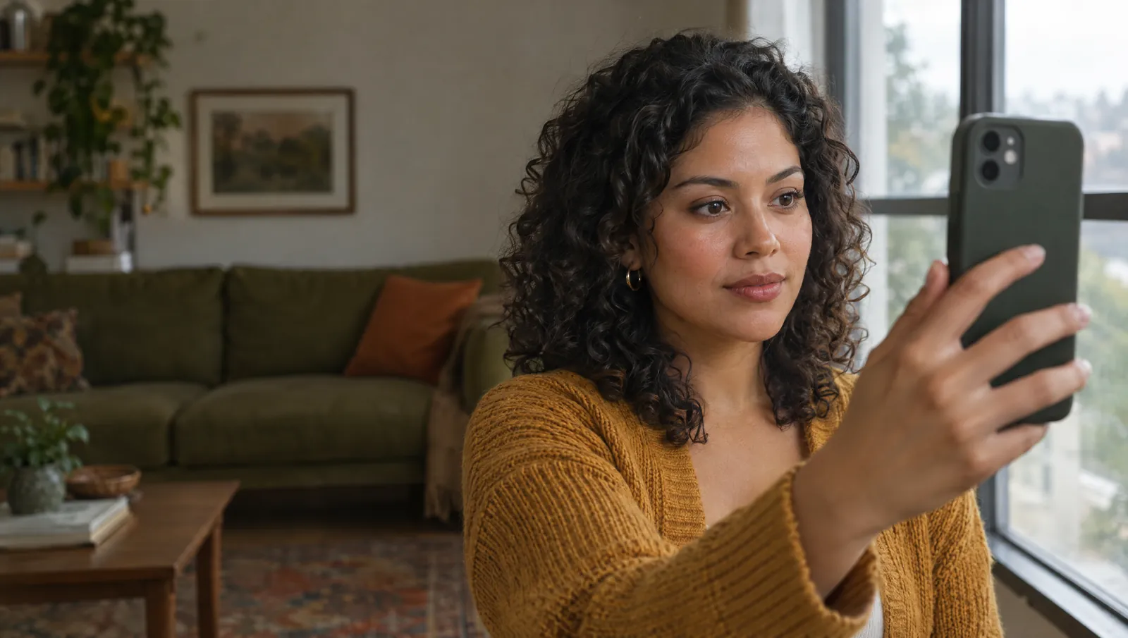 A woman with curly hair holds her phone at face height next to a living room window