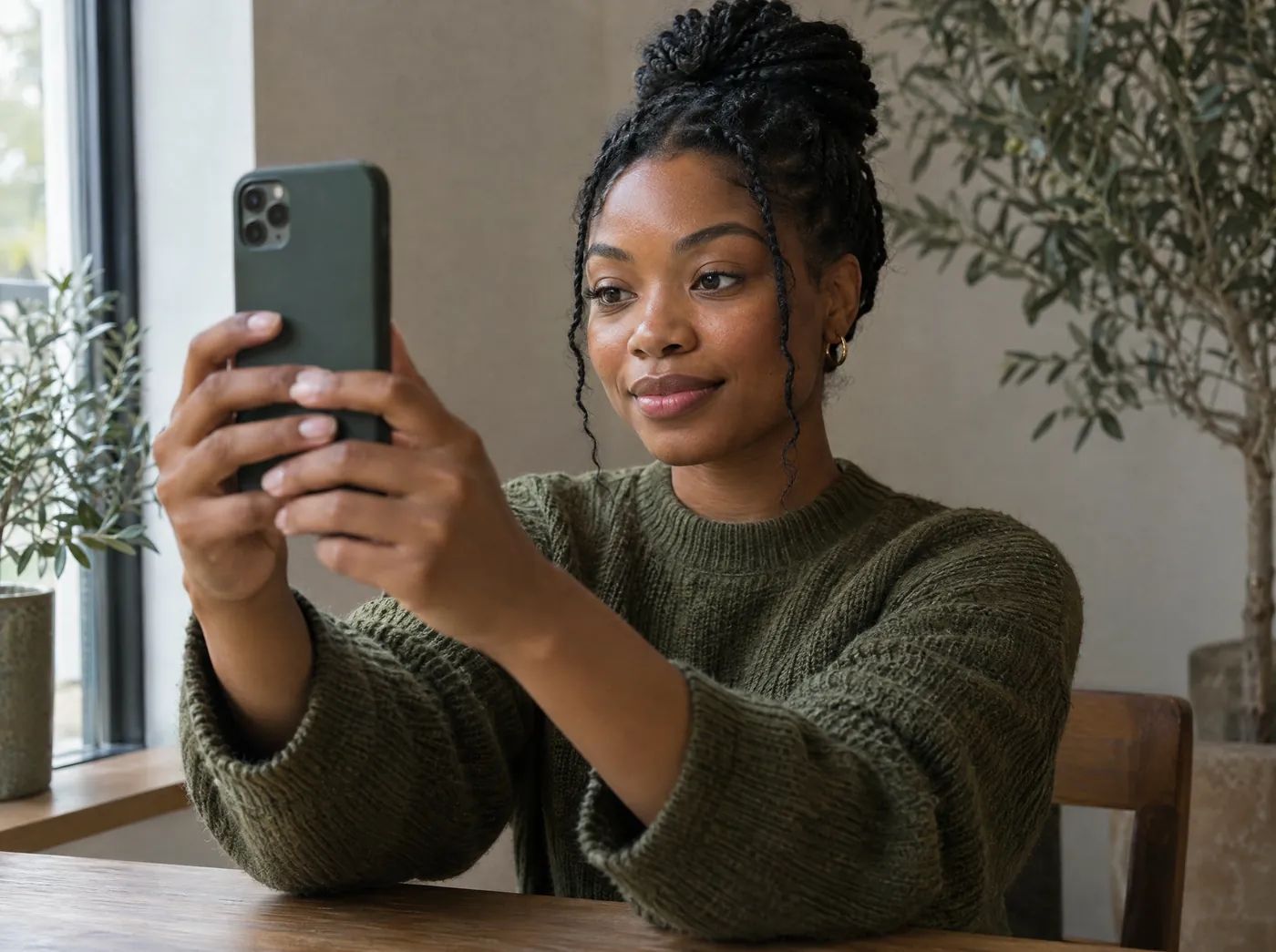 A woman sits by a window and holds her phone up with both hands, facing the screen