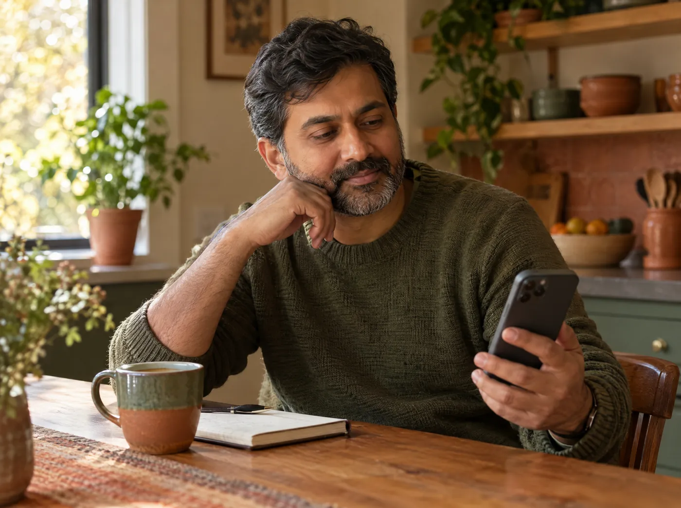A man reading on his phone at the kitchen table