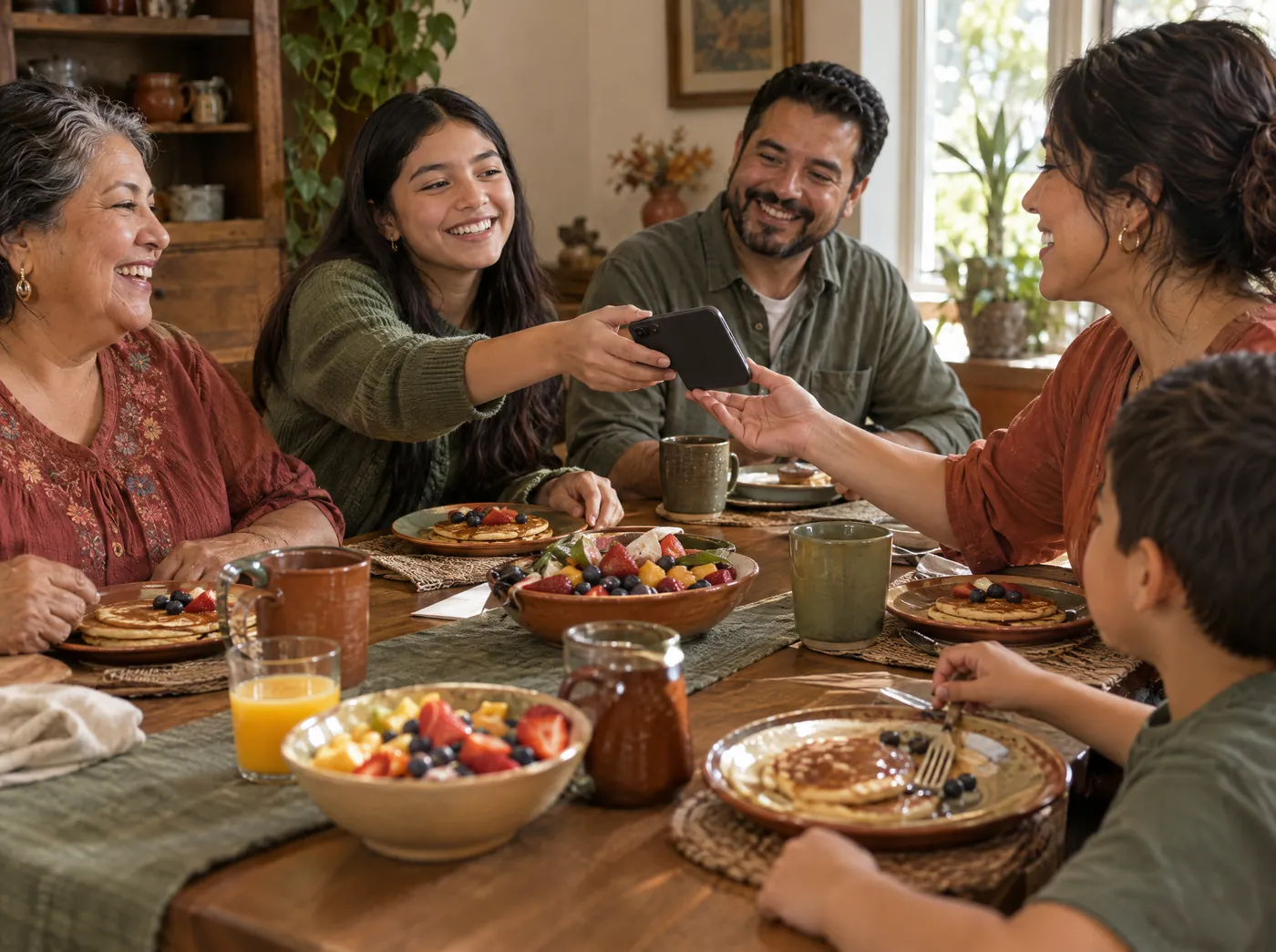 A family shares breakfast and passes a phone