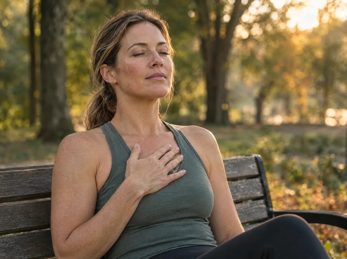 A woman rests on a park bench with her eyes closed and a hand on her chest