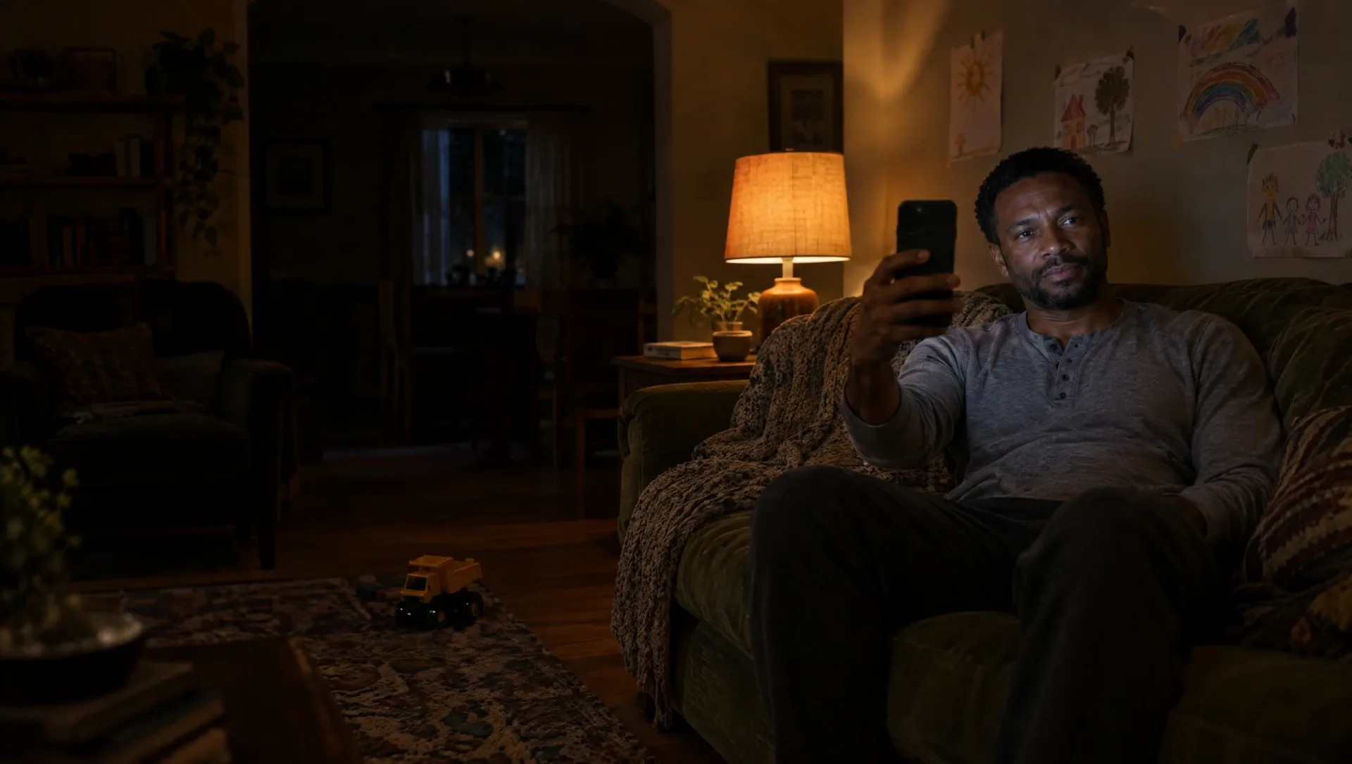 A man on a sofa holds up his phone in a living room lit by a lamp at night