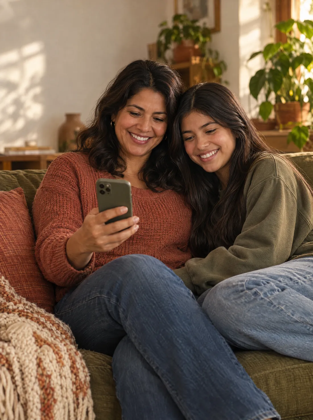 A mother and her teenage daughter look at a phone together