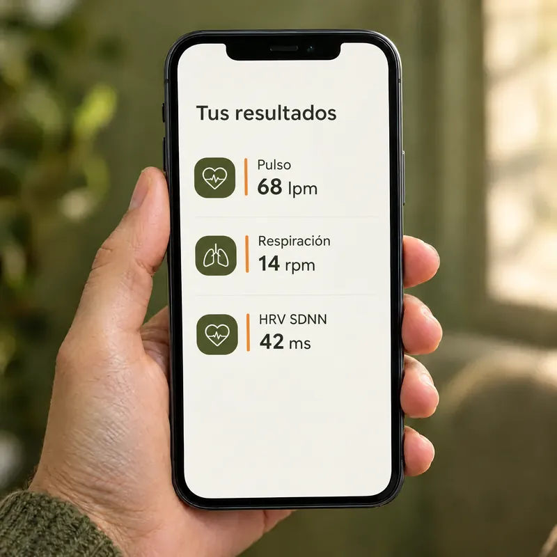 Ilustración de la pantalla de resultados en una mano: pulso, respiración y HRV