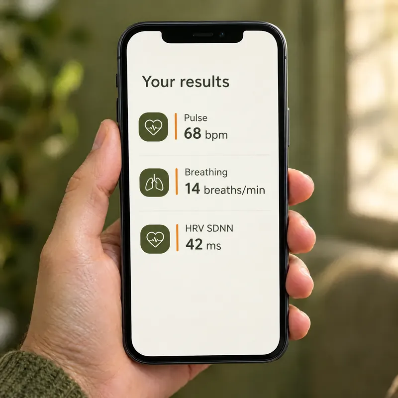 Illustration of the results screen in a hand: pulse, breathing and HRV