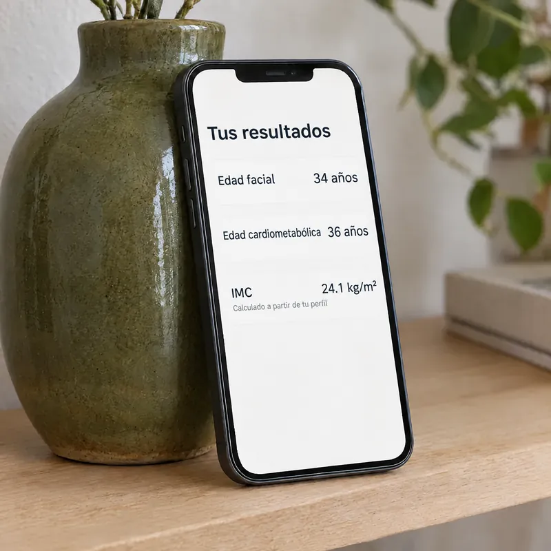 Ilustración de la pantalla de resultados en un teléfono recargado en un jarrón: edad facial, edad cardiometabólica e IMC calculado a partir de tu perfil