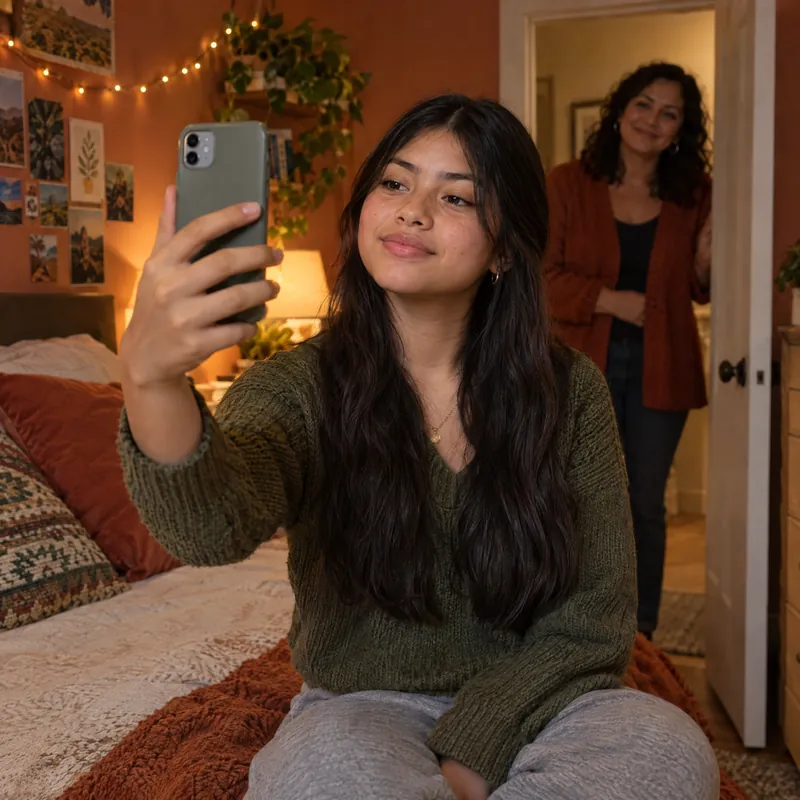 A teenage girl holds up a phone in her bedroom as her mother watches from the doorway