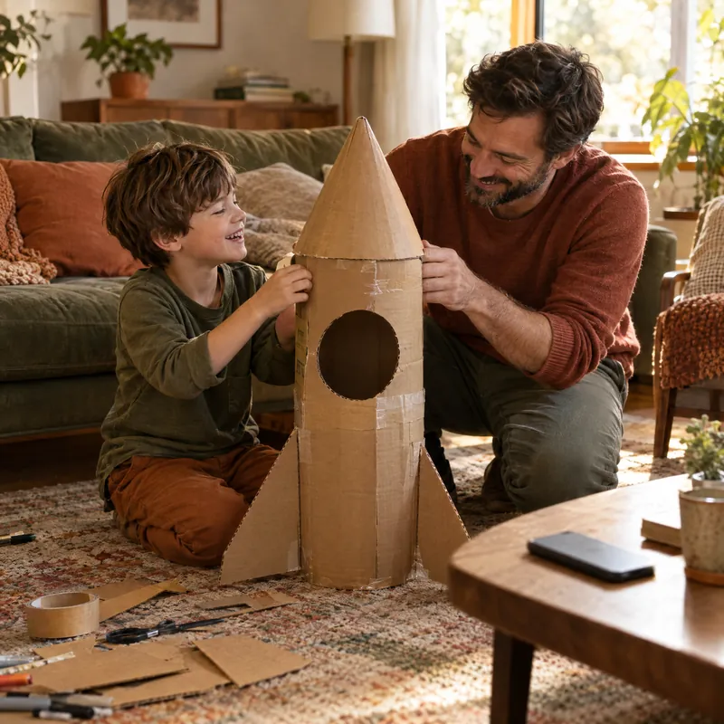 A father and his young son build a cardboard rocket on the rug, the phone left on the table