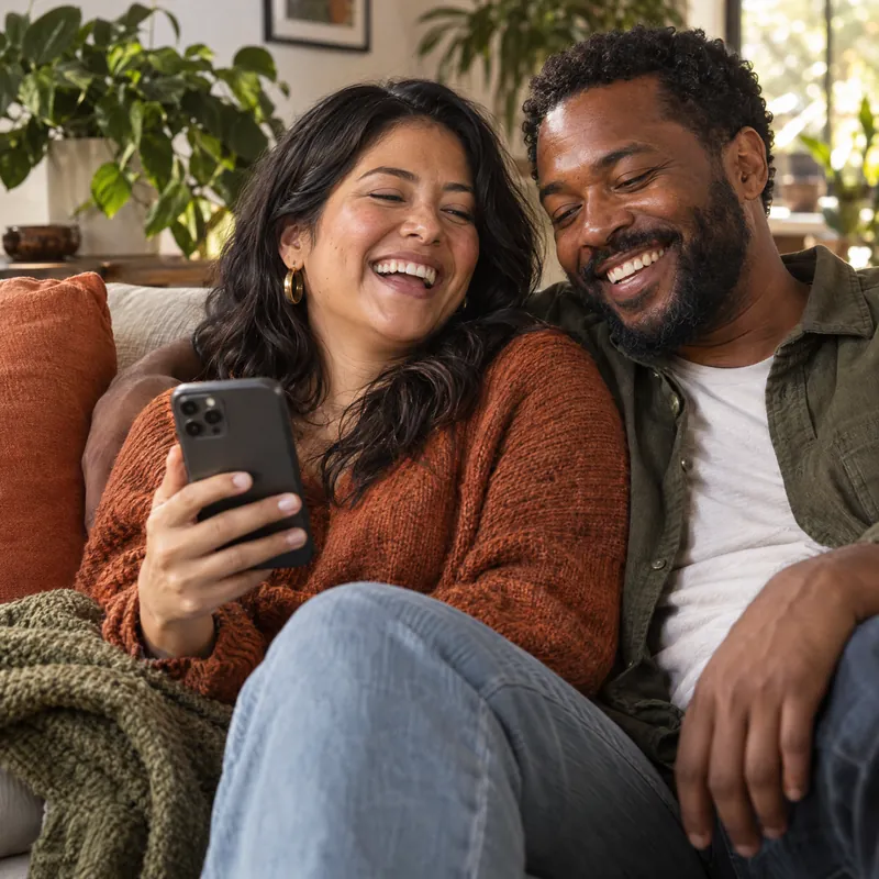 A couple laughs together on a sofa while looking at a phone