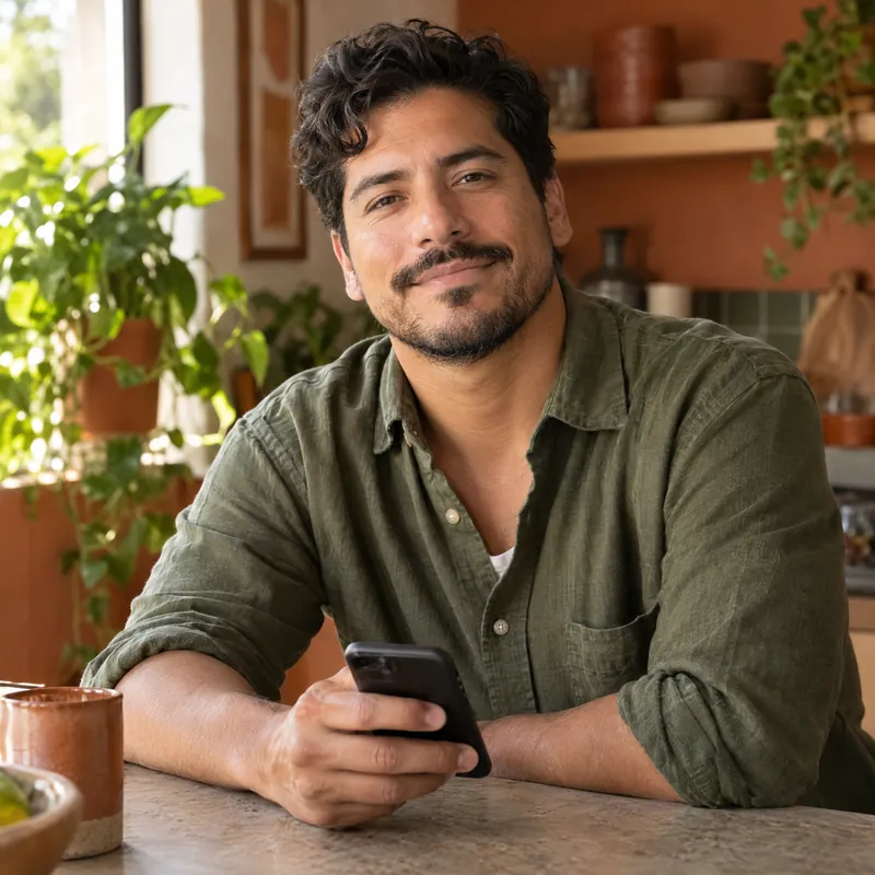 A man smiles at his kitchen counter with a phone in his hand