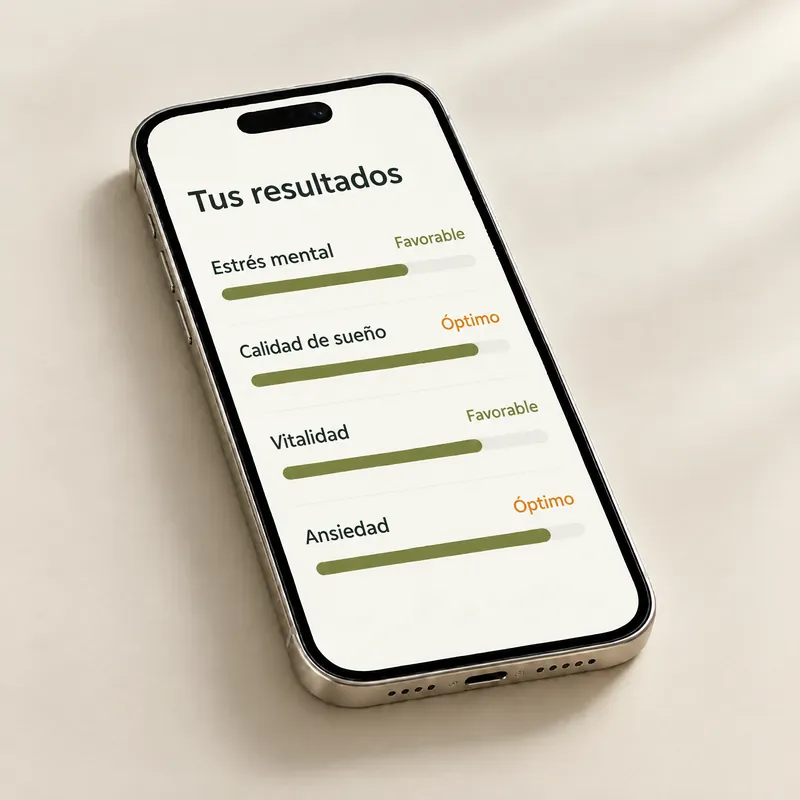 Ilustración de la pantalla de resultados: estrés mental, calidad de sueño, vitalidad y ansiedad, cada uno con su rango