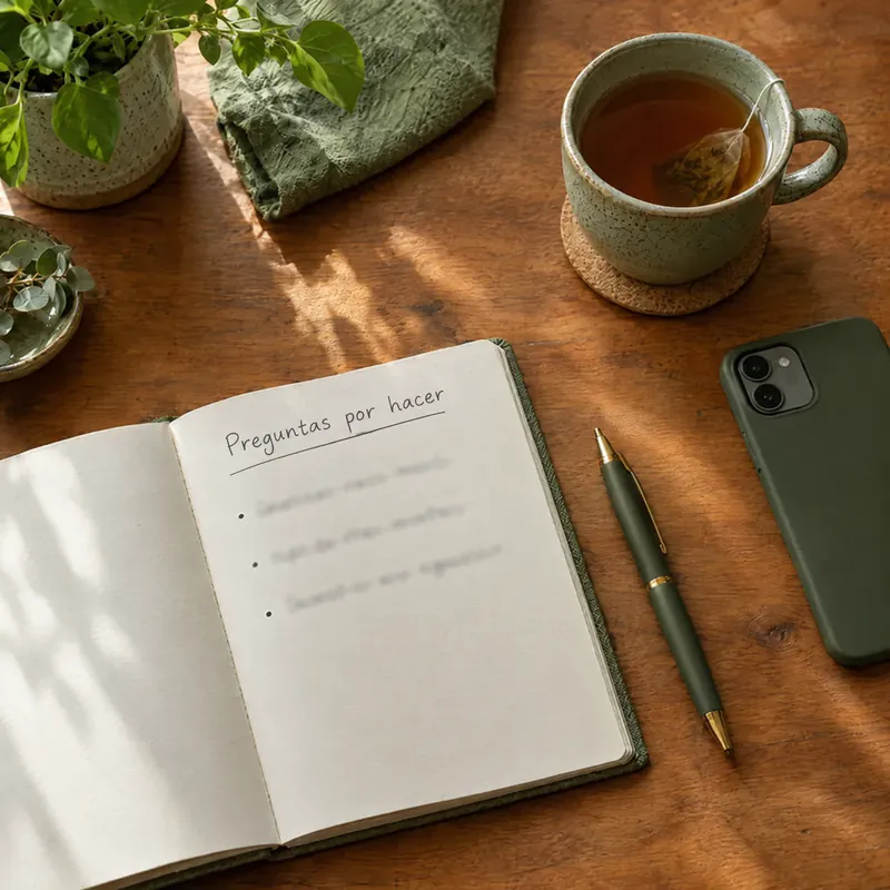 Una libreta abierta con el título Preguntas por hacer, junto a una pluma, una taza de té y un teléfono boca abajo