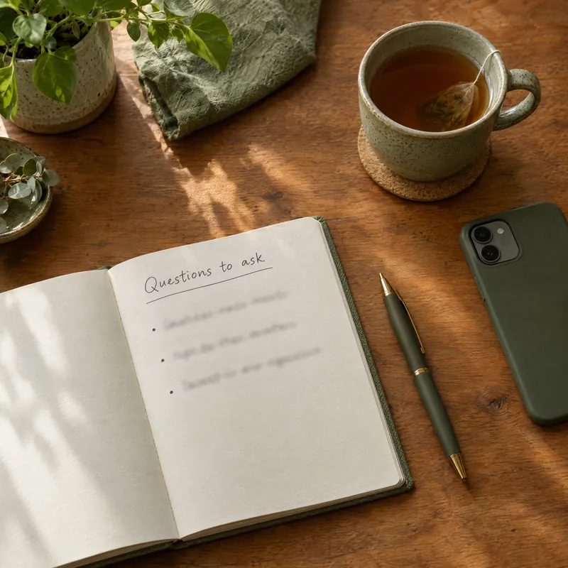 An open notebook titled Questions to ask, next to a pen, a cup of tea and a phone lying face down