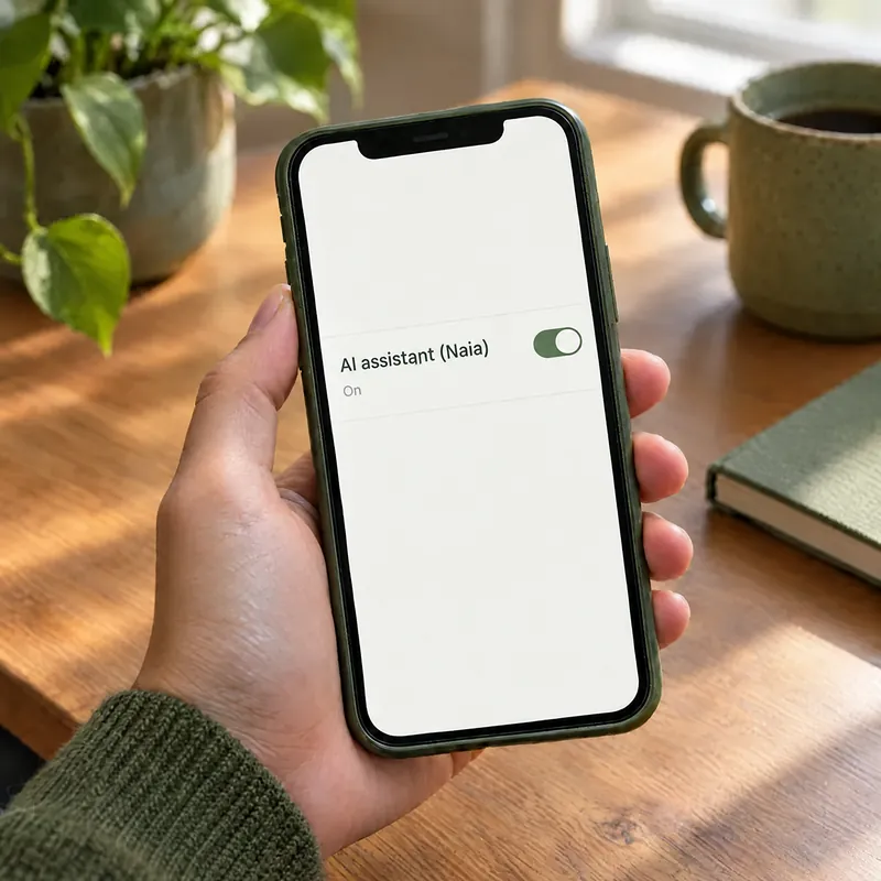 A hand holds a phone with the AI assistant (Naia) switch turned on