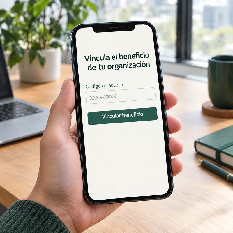 Una mano sostiene un teléfono con la pantalla Vincula el beneficio de tu organización, un campo de código de acceso y el botón Vincular beneficio