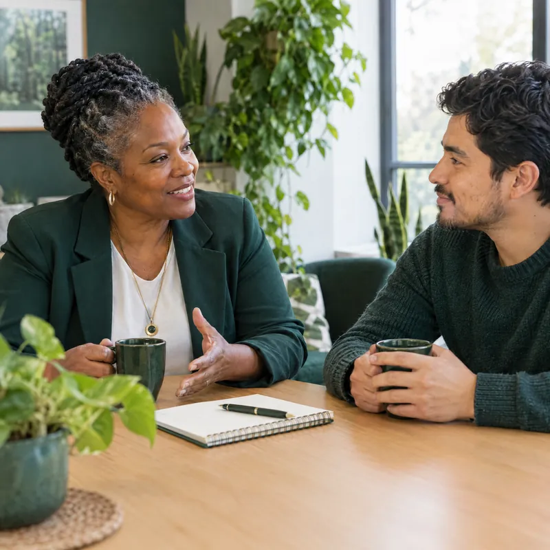 Two colleagues talk over coffee at a table with a notebook