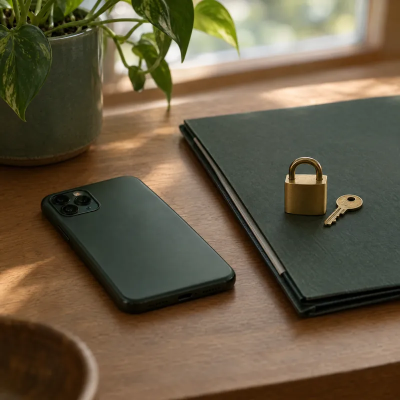 A phone lying face down on a wooden desk next to a closed dark folder with a small brass padlock and key