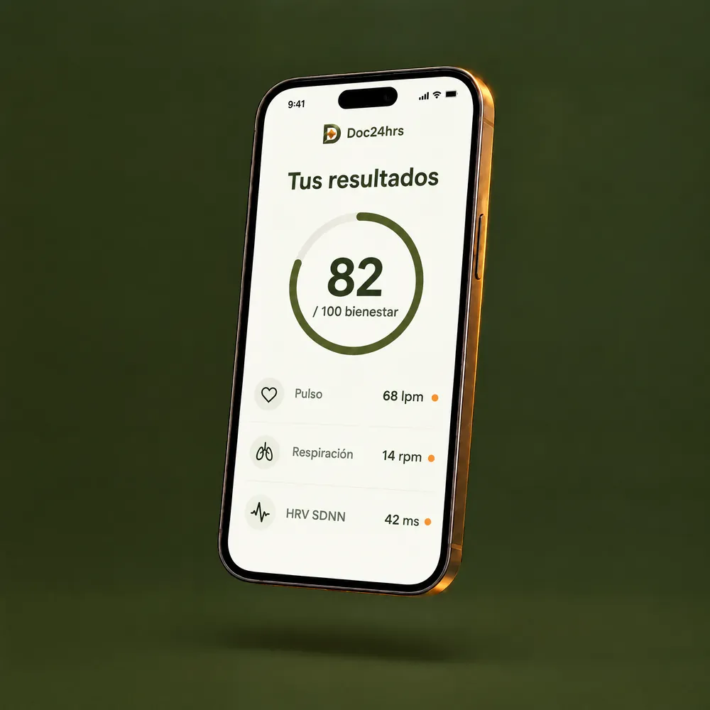 Ilustración de la pantalla de resultados: un puntaje de bienestar de 82 de 100 y, debajo, pulso, respiración y HRV