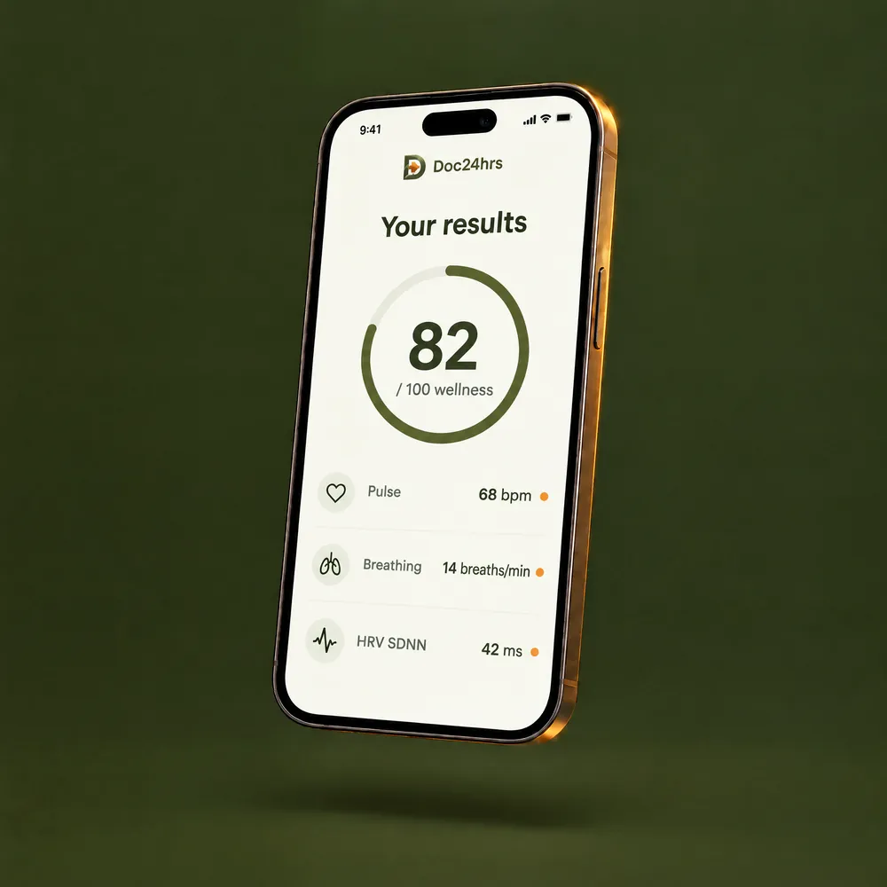 Illustration of the results screen: a wellness score of 82 out of 100, with pulse, breathing and HRV below it